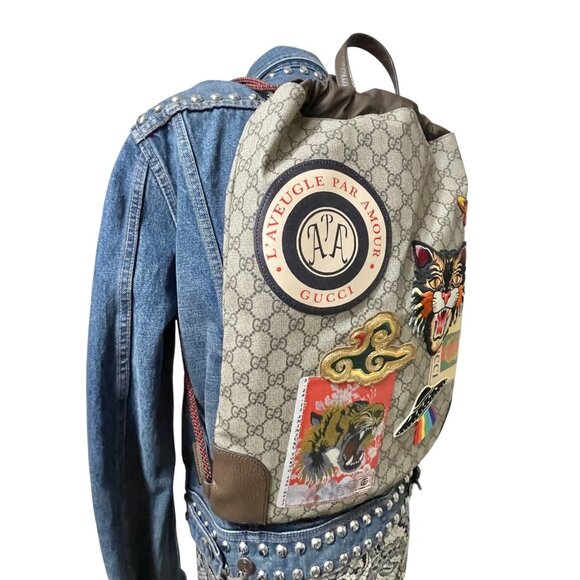 GUCCI Soft GG Supreme Monogram Drawstring Backpack Tote 2 Way Bag Unisex Patches - Picture 3 of 16